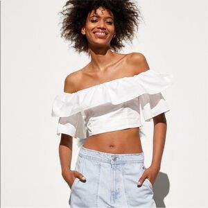 Zara White Ruffled Off-Shoulder Crop Top